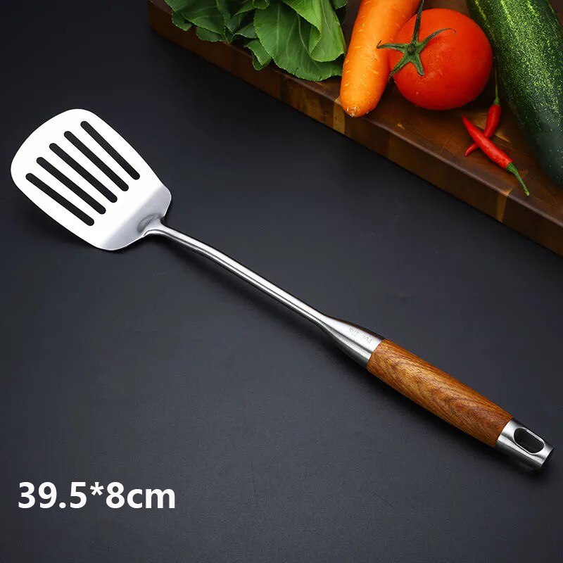 Manche en bois de rose, spatule Wok en acier inoxydable, pelle fendue, retourneur cuillère à riz, ustensile de service, outils de cuisine: 4