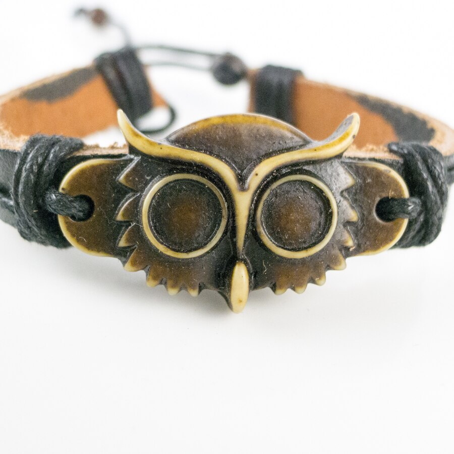 Bracelet en cuir en forme de hibou pour homme, sculpture, limitation, os Yak, Art Vintage, # GZ432