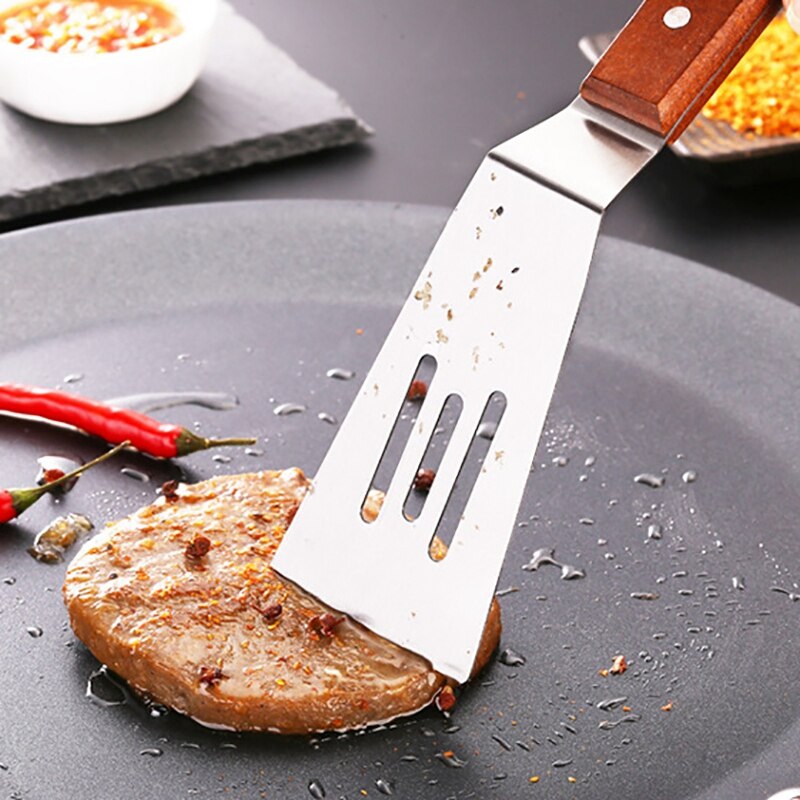 Spatule à steak de bœuf en acier inoxydable avec manche en bois, pelle à passoire plate, accessoires de cuisine, ustensiles 2 pièces