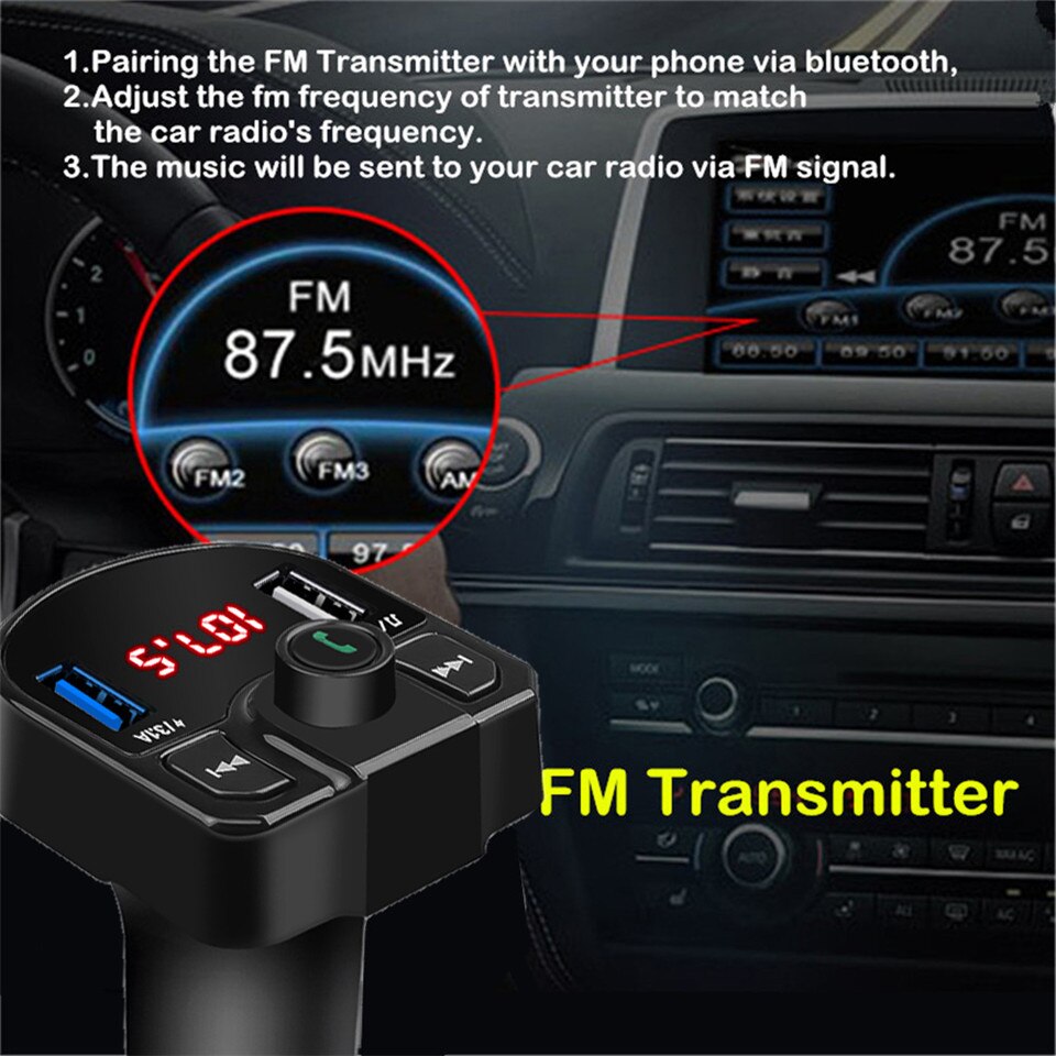 Transmisor FM con Bluetooth Aux USB modulador Kit de manos libres para coche de Audio de coche MP3 jugador 3.1A rápido Dual adaptador de cargador de coche USB