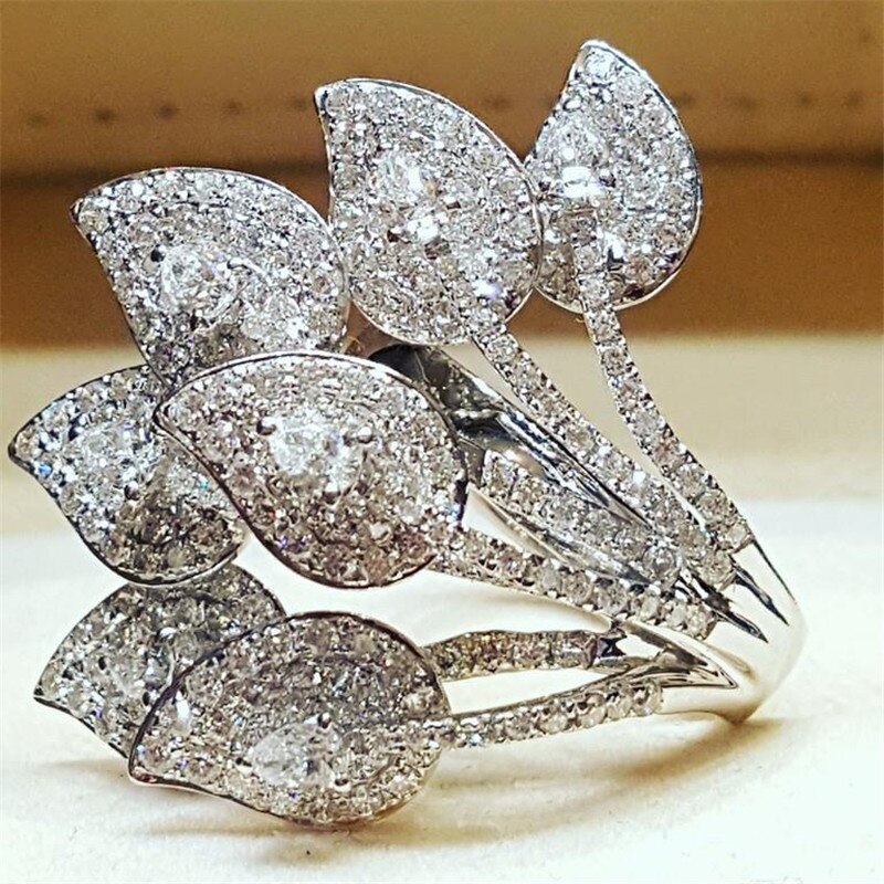 Hochzeit Versprechen Ringe Für Frauen Schmuck Voller Strass Blatt Ring Weibliche Blume Kristall Jahrgang Ring Damen Party Ringe: 9