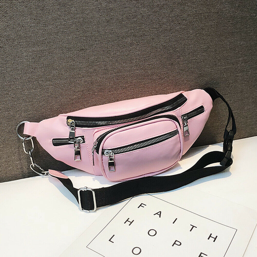 Women's Waist Belt Bag Solid Leather Fanny Pack Shoulder Chest Bag Travel Small Large Capacity Phone Pouch: Pink