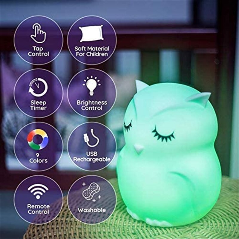Luz nocturna de silicona con forma de Animal para bebé, lámpara de búho con Sensor táctil y control remoto, recargable con cambio de Color
