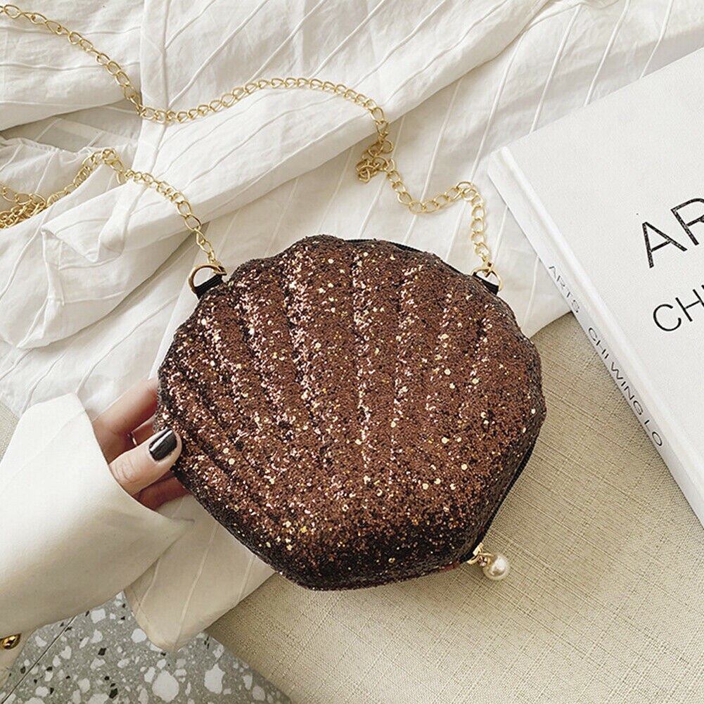 Vrouwen Meisje Glitter Sequine Shell Vorm Messenger Bags Dame Zomer Strand Pu Handtas Cross Body Schoudertas portemonnee: Bruin