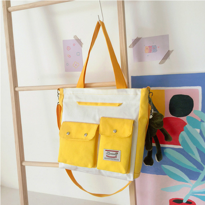 Women&#39;s Double Pocket Canvas Bag Trend Single Shoulder Bag with Lid Zipper Messenger Bag Tote Bag Student Tuition Bag
