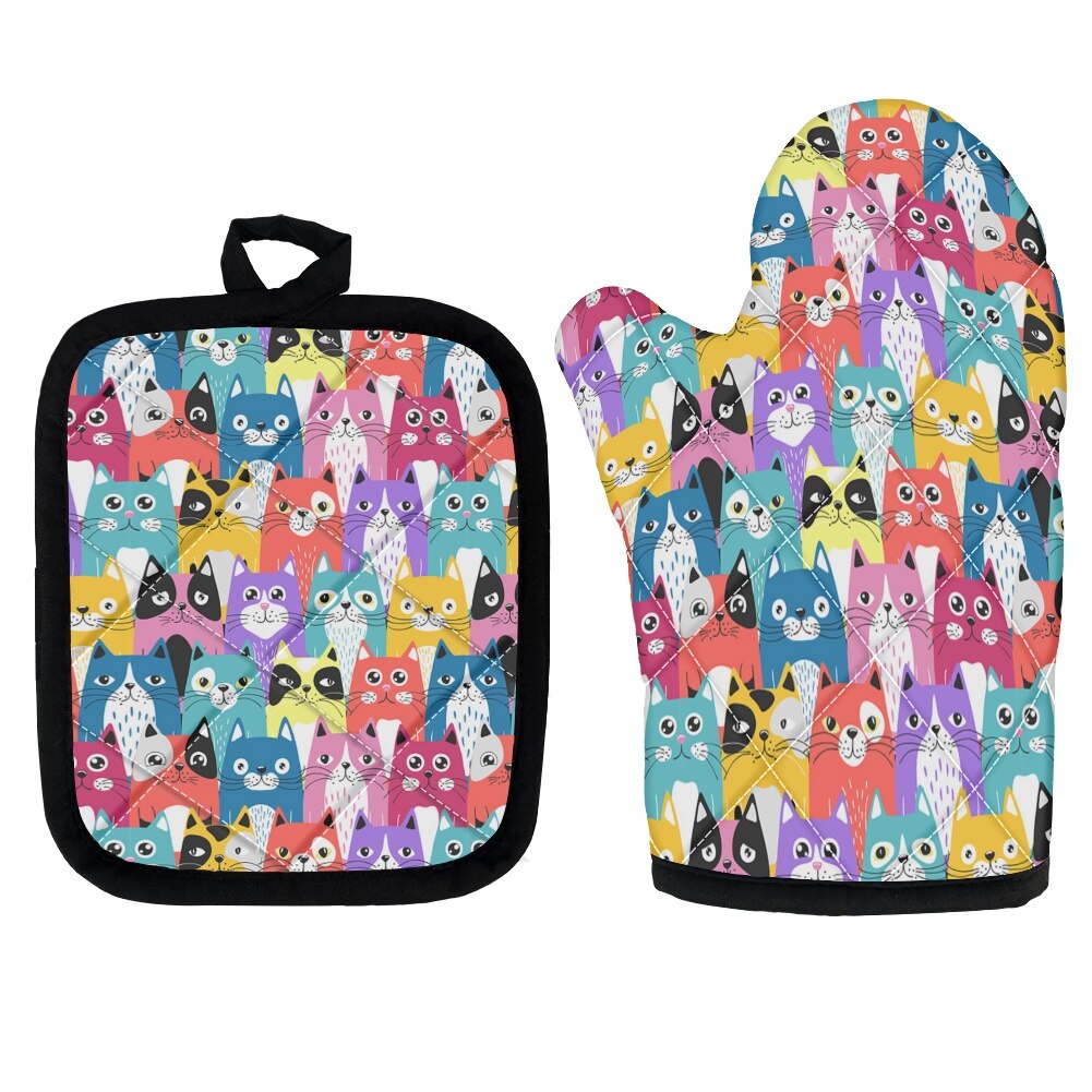 High Heat Protect Gloves Cute Cartoon Cat Print Polyester Microwave Oven BBQ Mitt Potholder Kitchen Mittens and Pad for Cooking: ZXP114D19