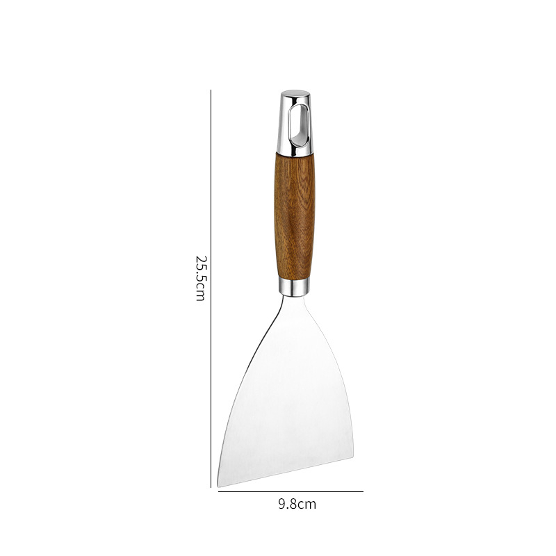 Spatule de cuisson avec manche en bois en acier inoxydable, pelle à frire pour Steak et crêpes, grattoir Teppanyaki, outil de Barbecue, accessoires de cuisine: BEIGE