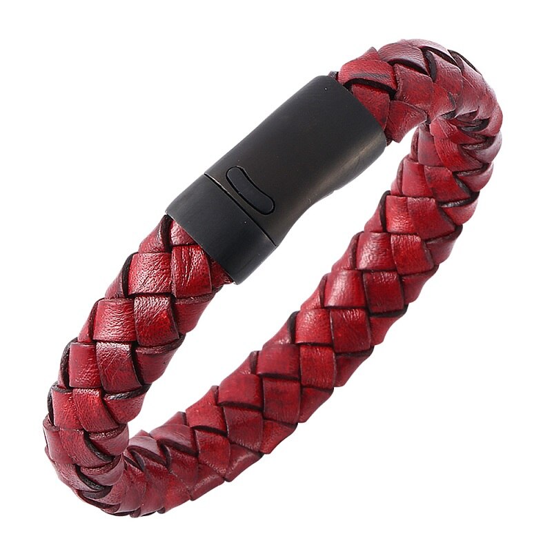 Jahrgang rot Geflochtene Leder Armbinde Männer Schmuck Schwarz Magnetische Schnalle Seil Armreif Punk Männlichen Handgelenk Band Pulsera hombre: Verschleiß Länge 195mm