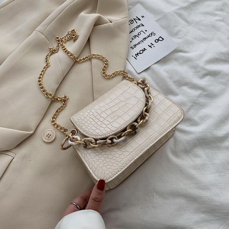 Stone pattern Mini Tote bag Summer PU Leather Women's Handbag Chain Shoulder Messenger Bag: 13 CM Beige