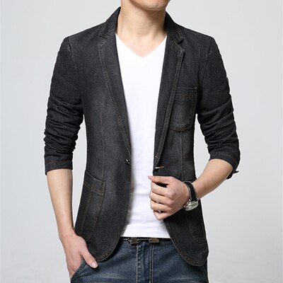 MOGU hommes veste printemps nouveauté Denim Blazer Jean manteau pour homme jolie pochette Slim Fit asiatique taille Blazer hommes: Black / XXL
