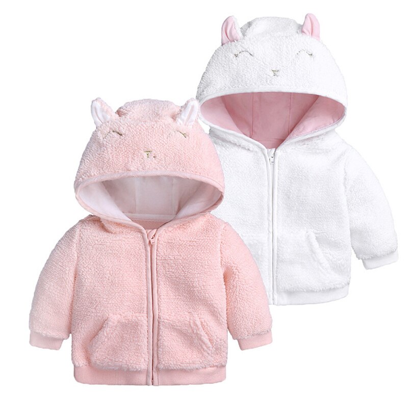 Toddler Kids Boys Girls Plush Coat Infant Cartoon Ear Solid Color Hooded Cute Unisex Winter Warm Zipper Tops Clothes 3-18M A20