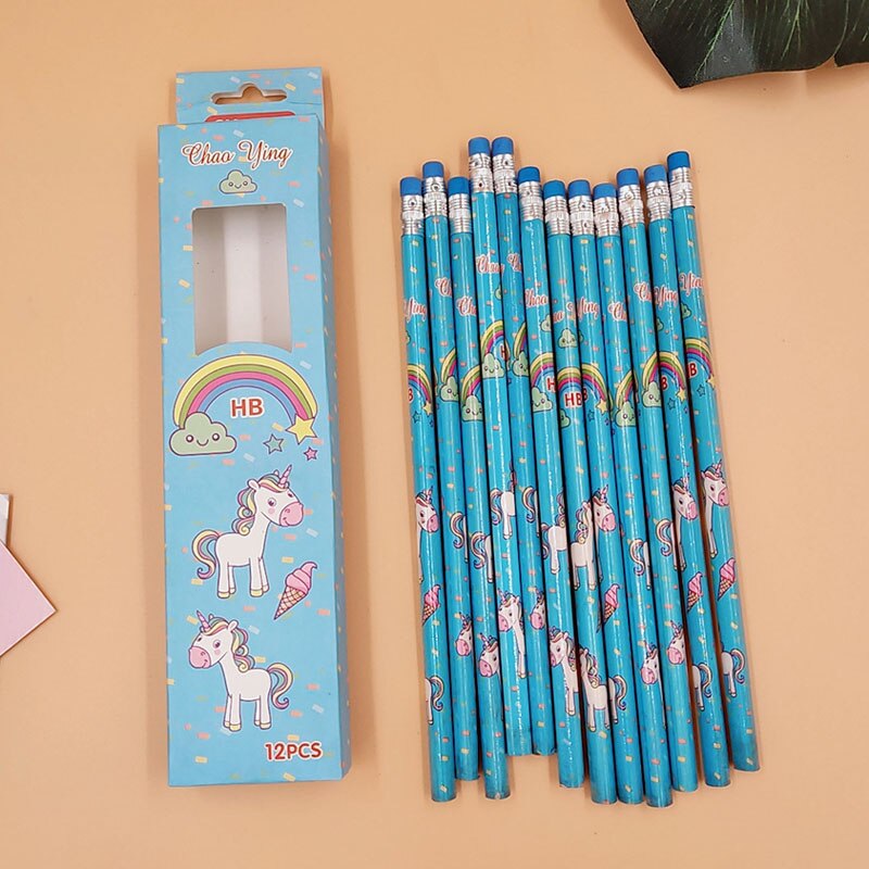 12 pcs/set Cute Rainbow Unicorn Triangle HB Standard Wooden Pencil Student Stationery Writing Pencils School Office Supply: Blue