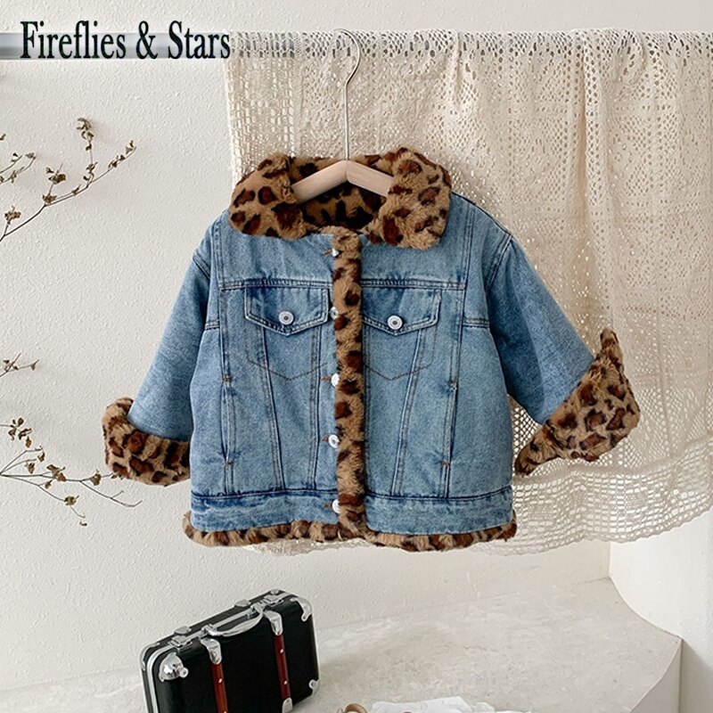 Winter Autumn Girls Denim Coat Baby Jacket Children Warm Outwear Kids Streetwear Clothes Leopard Fur 2 Side Wear 3 To 11 yrs