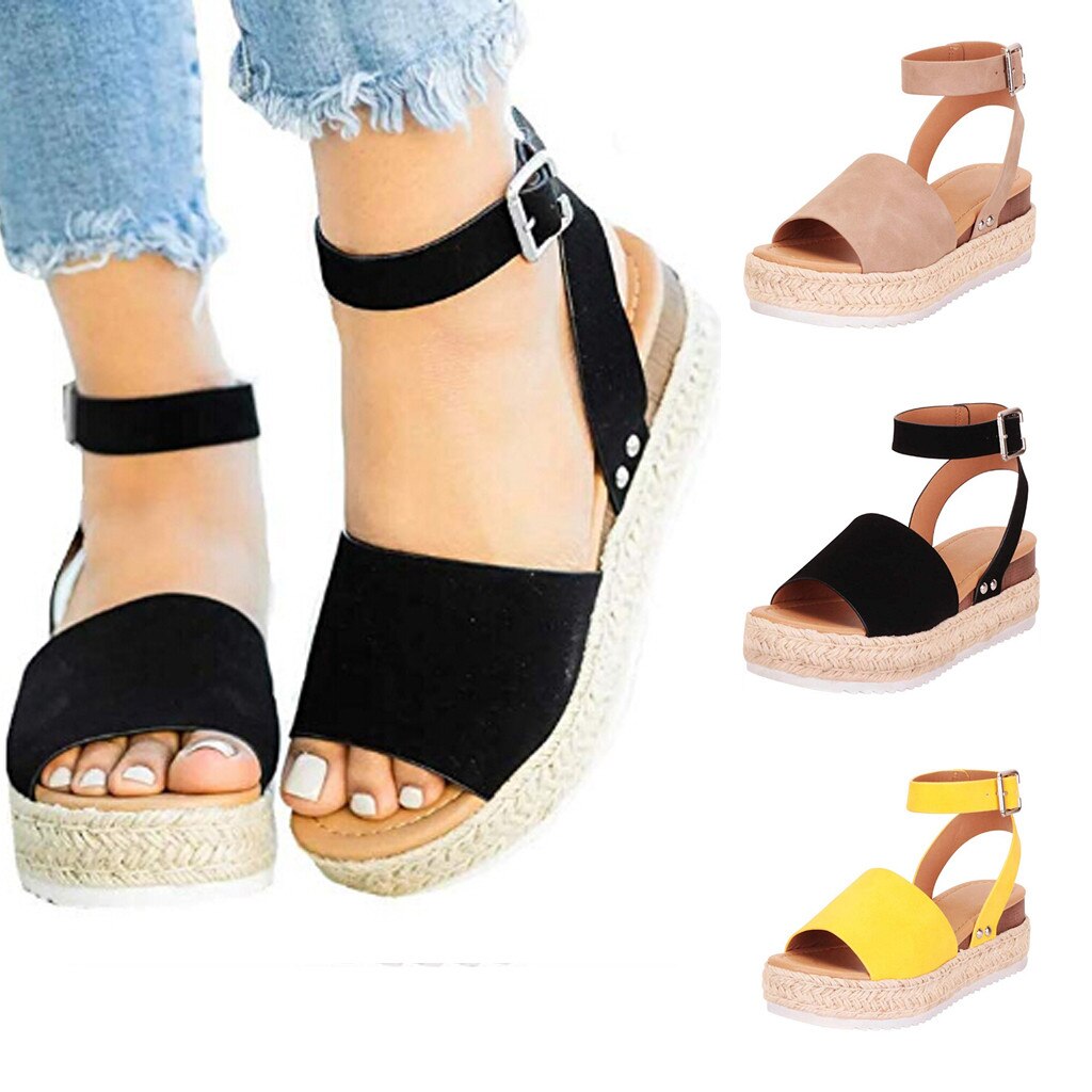 Décontracté semelle en caoutchouc clouté Chaussures compensées Femme boucle bride à la cheville sandales à bout ouvert femmes Chaussures plate-forme Chaussures Femme Zapatos