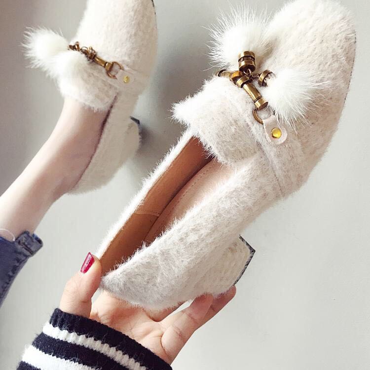 Einzel-schuh frauen herbst modell dicken absätzen abend fluss Su Bai mit nerz wolle schuhe hohe-mit hohen absätzen eine fuß bean schuhe