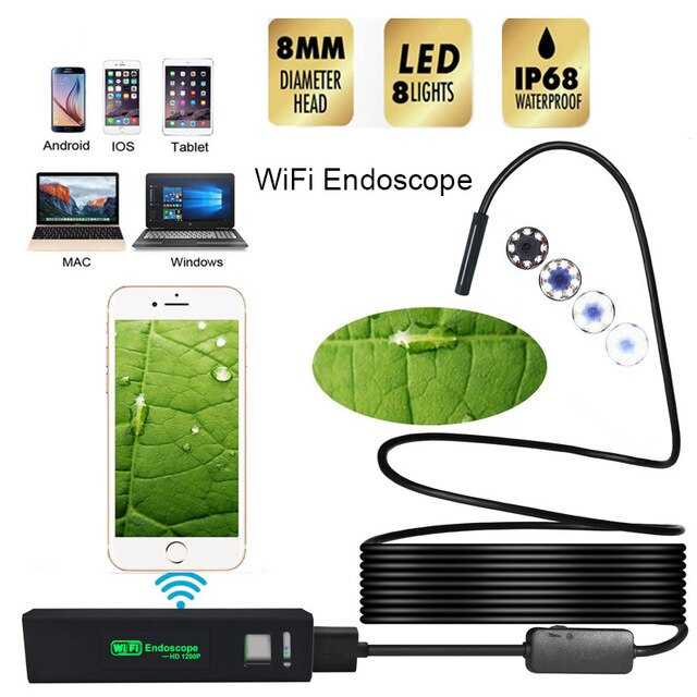 WIFI Endoscope Camera HD 1200P 1-10M Soft Wire IP68 Waterproof Snake Tube Inspection Android ios Wireless Borescope Camera: 5m / 1200P