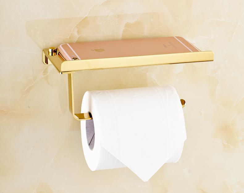Guld toiletpapirholder rustfrit stålresistent tissuepapirstativ med telefonholder poleret finis badeværelse tilbehørssæt: Guld