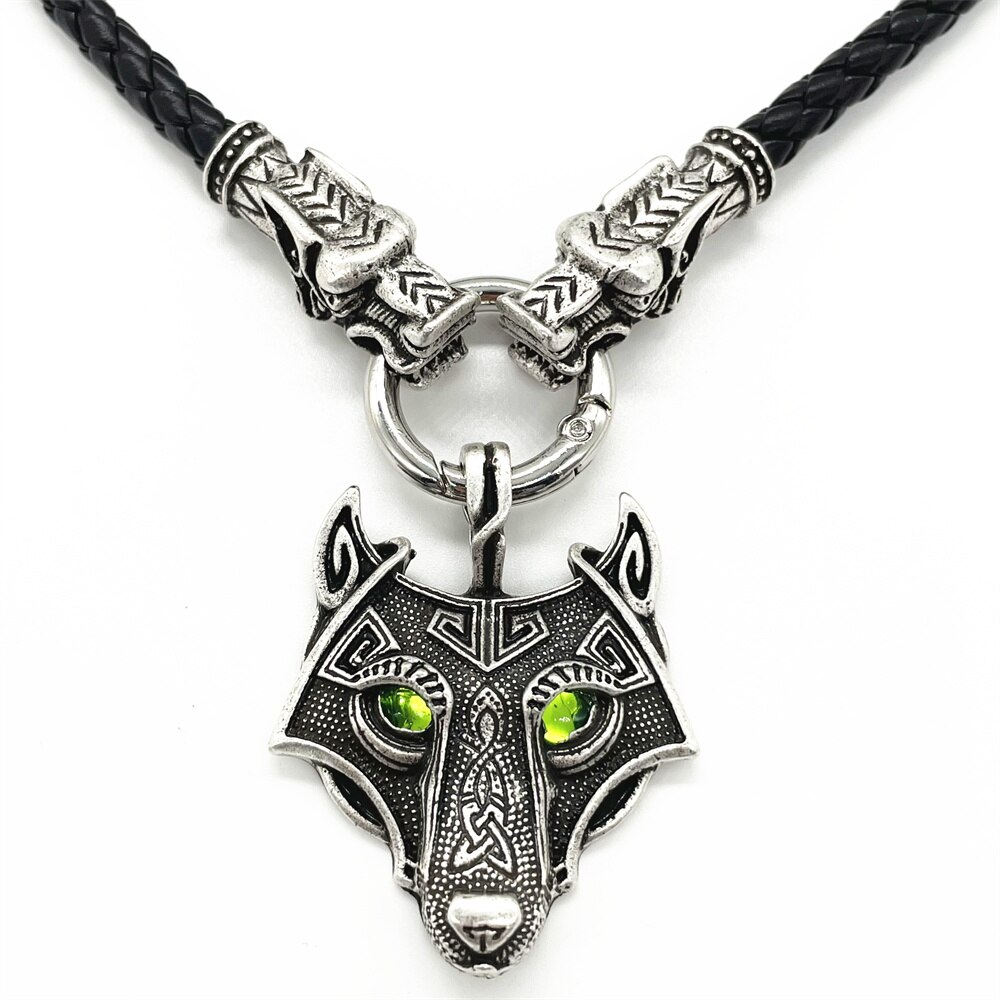 Vintage Groene Ogen Wolf Amulet Hanger Gothic Accessoires Viking Ketting Dubbele Wolven Heads Lederen Ketting Sieraden Voor Mannen