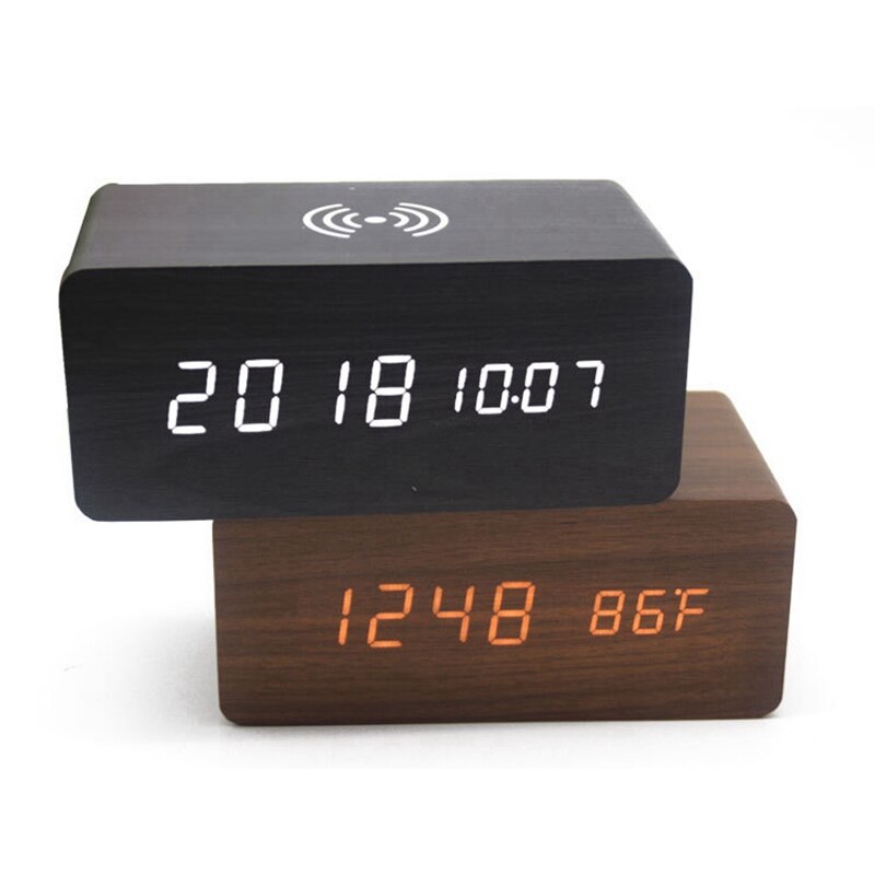 Wood Alarm Clock Bluetooth Speaker Desk USB Digital Clocks LED Wireless Charging Phone Temperature Wooden Table
