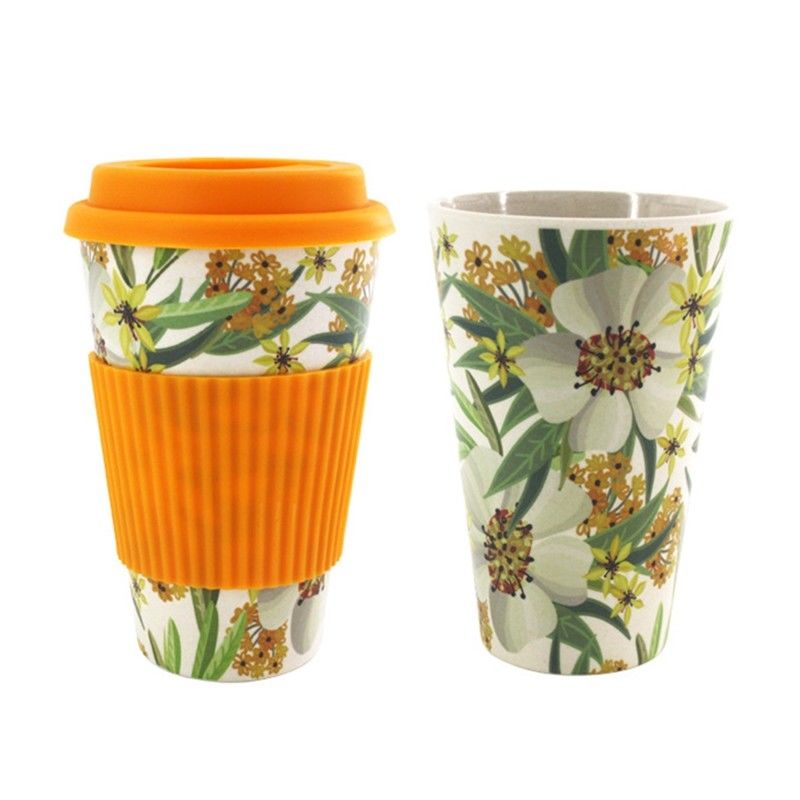Portable Practical 400ml Reusable Bamboo Fibre Coffee Cups Fashionable Eco Friendly Printing Travel Mugs Useful: Orange