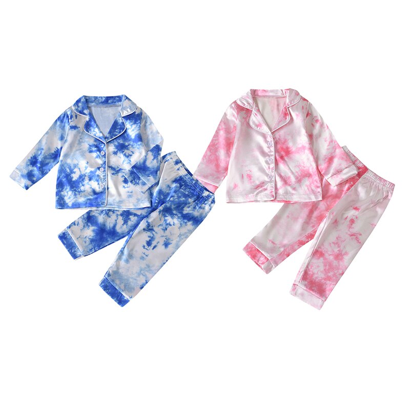 Childrens Kids Zijde Satijn Tie Dye Print Button Tops Broek Herfst Lange Mouwen Nachtkleding Nachtkleding Meisjes Jongens Pyjama Sets 1-7 Jaar