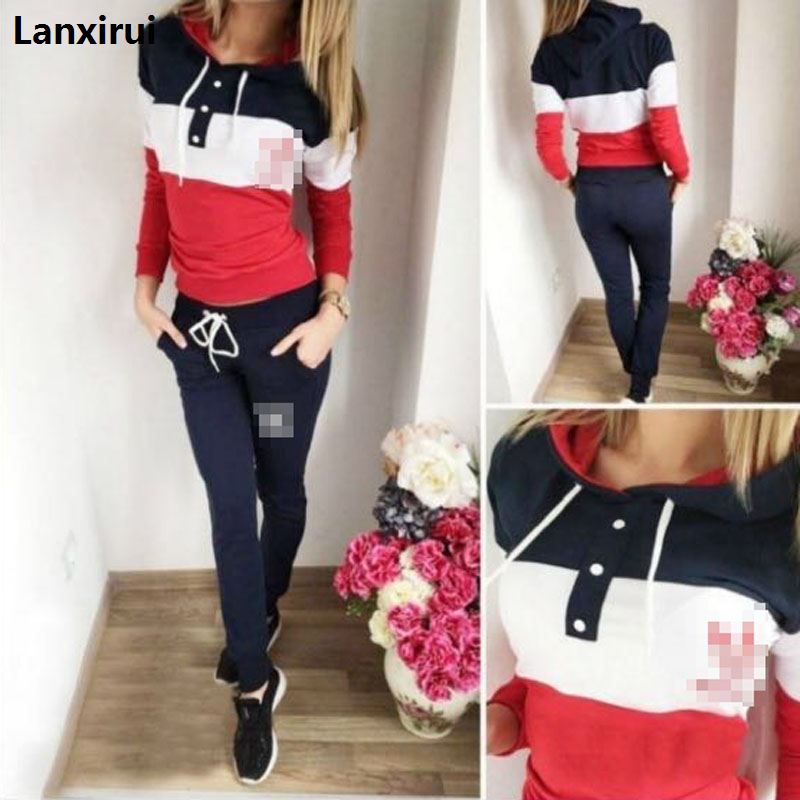 Frauen Zwei Stück Kleidung Set Herbst Trainingsanzug Patchwork Hoodie Sweatshirt Lange Hose Jogger Outfit Set Weibliche Schweiß Anzug: Black / XXXL