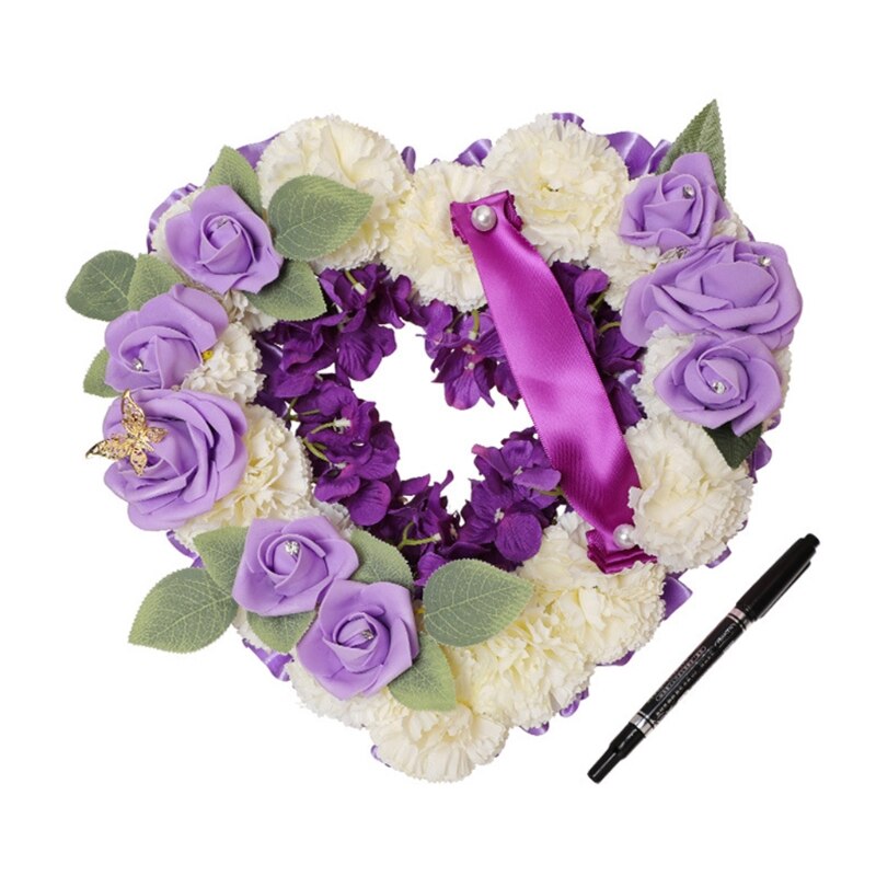 Artificial Flower Garland Funeral Floral Arrangements Heart Shaped Tribute Memorial Wreath with Ribbon Grave Halls Decor: Purple