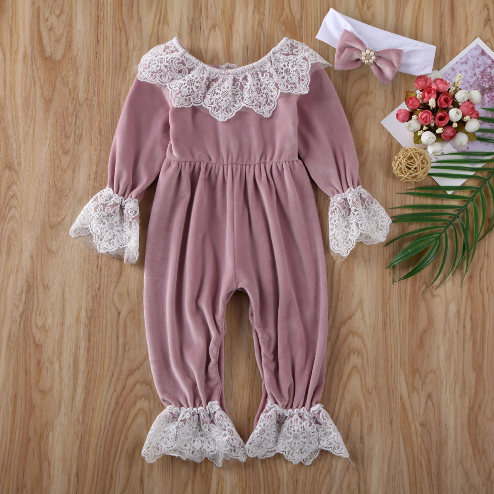 0-24M Infant Kids Baby Girls Boys Rompers Velvet Lace Long Sleeve Jumpsuits Clothes Headband 2pcs