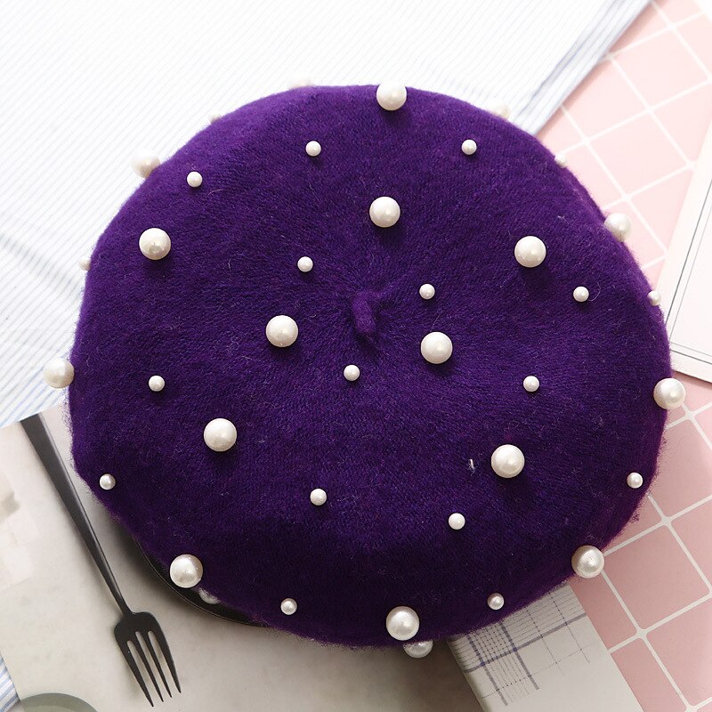 Wool Women Winter Berets Luxury Pearl Rivet Vintage Cashmere Female Warm Vogue Beret Hats Girls Flat Cap Beret for Women: purple