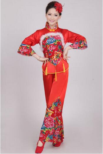 Mujer rojo estampado estilo más joven abanico traje baile con tambores ropa traje de actuación disfraz de Baile Folclórico chino: Adult M