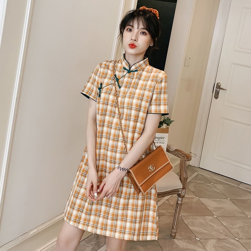 Plus Size M-4XL Yellow Check Loose Modern Cheongsam Dress Women Short Sleeve Qipao Traditional Chinese Clothes