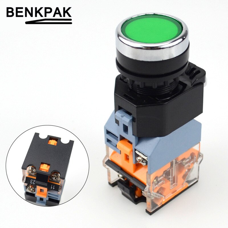22mm Momentary Push Button Switch with Light 12V 24V 220V 380V LED Indicators: Green / 220V