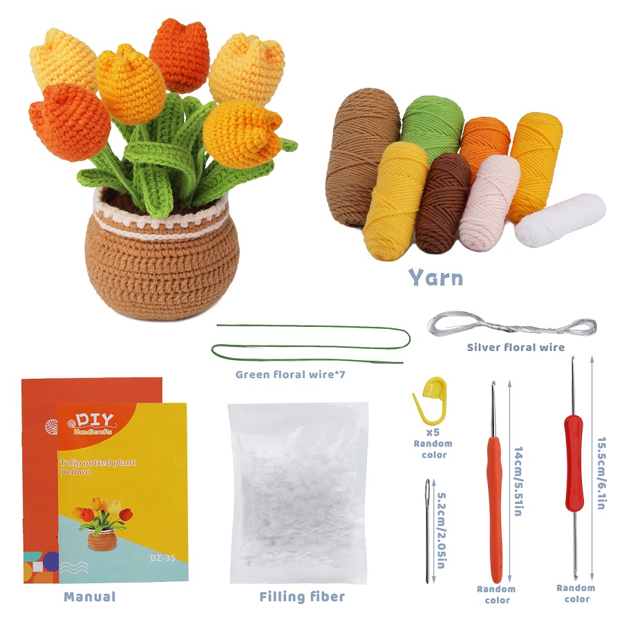 Paquete de material de ganchillo en maceta con forma de tulipán con gancho de ganchillo de hilo y relleno para principiantes y amantes de la artesanía