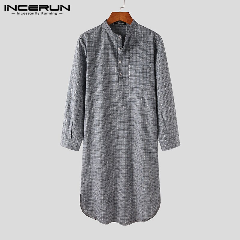 Long Sleeve Stand Collar Nightgown INCERUN Men Plaid Sleep Robes Casual Button Comfy Bathrobes Man Cotton Pockets Homewear S-5XL