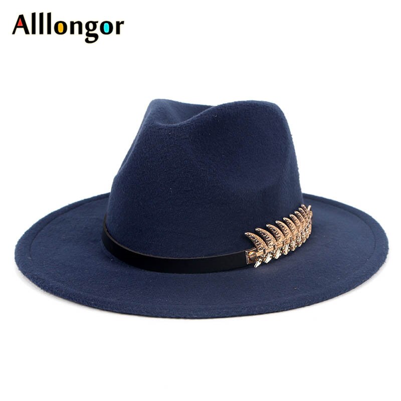 Efterår vinter bred skygge fedora hat kvinder mænd med bælte panama jazz kasket trilby filt vintage hatte chapeau feutre homme: Marine blå