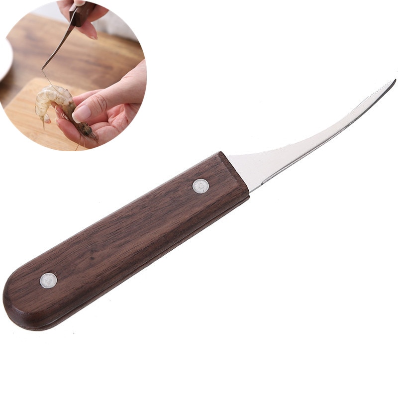 Nóż robić krewetek ze stali nierdzewnej z drewnianą rączką Homar robić czyszczenia ryb krewetki praktyczne narzędzie robić owoców morza przenośne przybory kuchenne