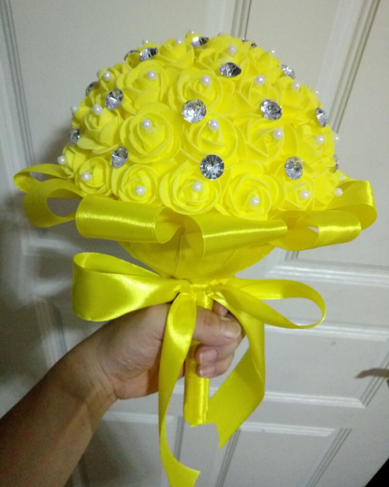 Ramo de flores artificiales para dama de honor, hermoso ramo de flores de boda, blanco, marfil, azul, rojo, cristal, ramos de novia: YELLOW
