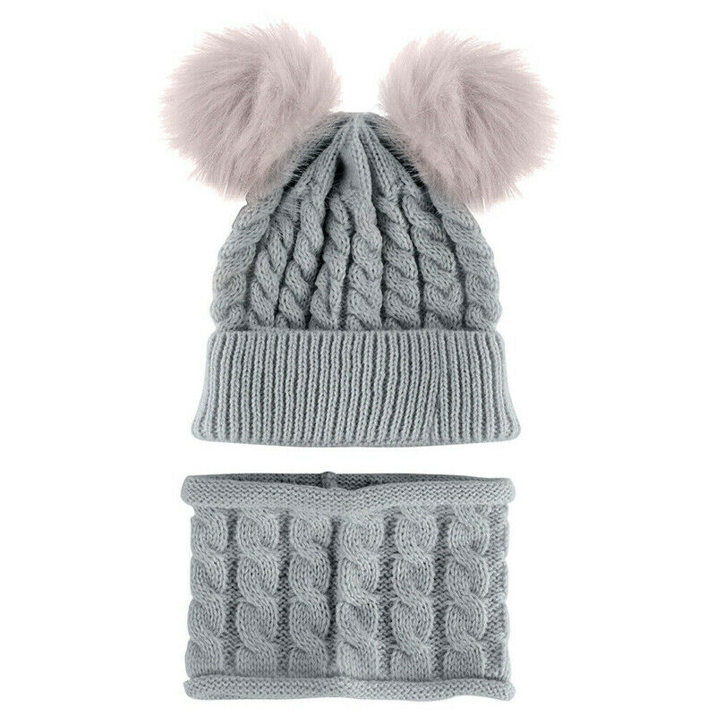 Kit de Gorro con pompón para niño y niña, gorro de punto cálido para invierno, conjunto de bufanda con dos pompones, d88: Gray