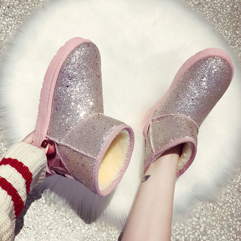 Femmes paillettes neige bottes courte en peluche femme doux dames bottine hiver fourrure Bling plate-forme femme chaussures décontractées: Pink / 39