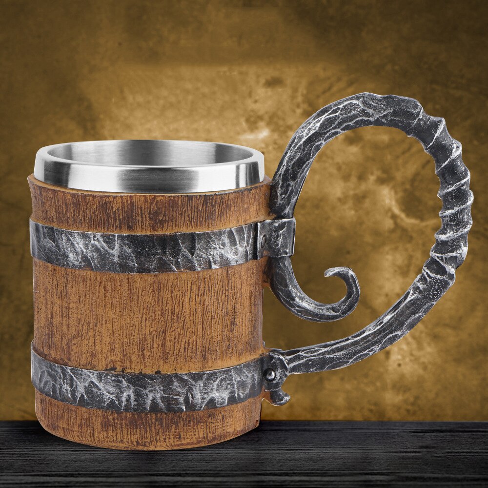 550Ml Viking Hout Stijl Bier Mok Als Simulatie Houten Vat Beer Cup Double Wall Mok Metalen Geïsoleerde houten Barre