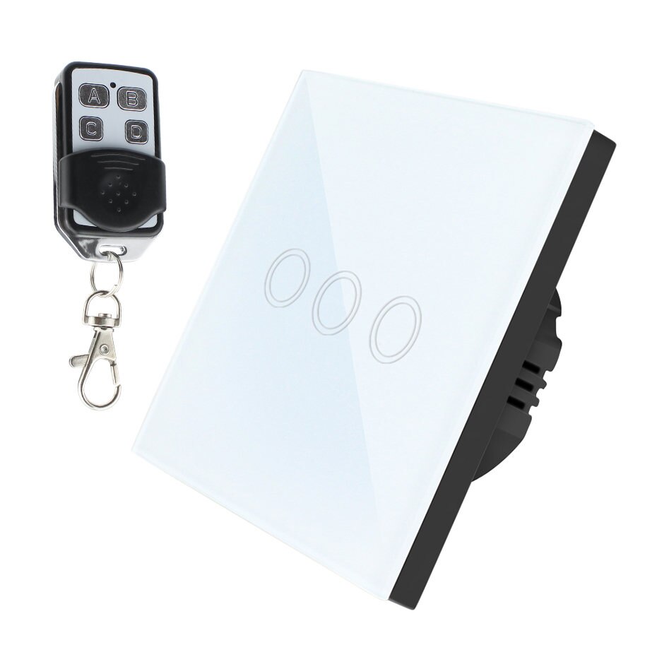 Interruptor táctil LED con 1/2/3 entradas, 220V, Sensor estándar para UE/RU, interruptor inalámbrico para lámpara de pared con Control remoto, Panel de vidrio templado de 433MHz: White 3 gang Remote