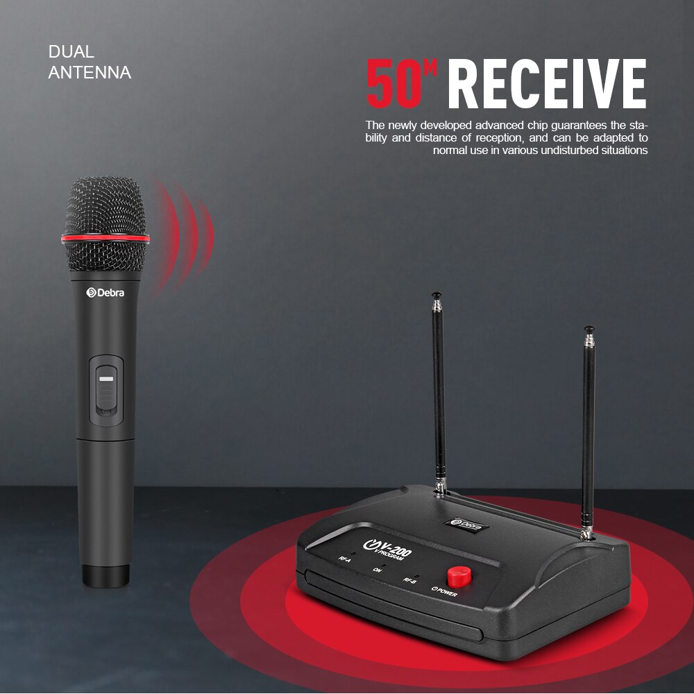 V-200 2channel VHF Wireless Microphone System with handheld and bodypack within 50 meters for karaoke Family Party