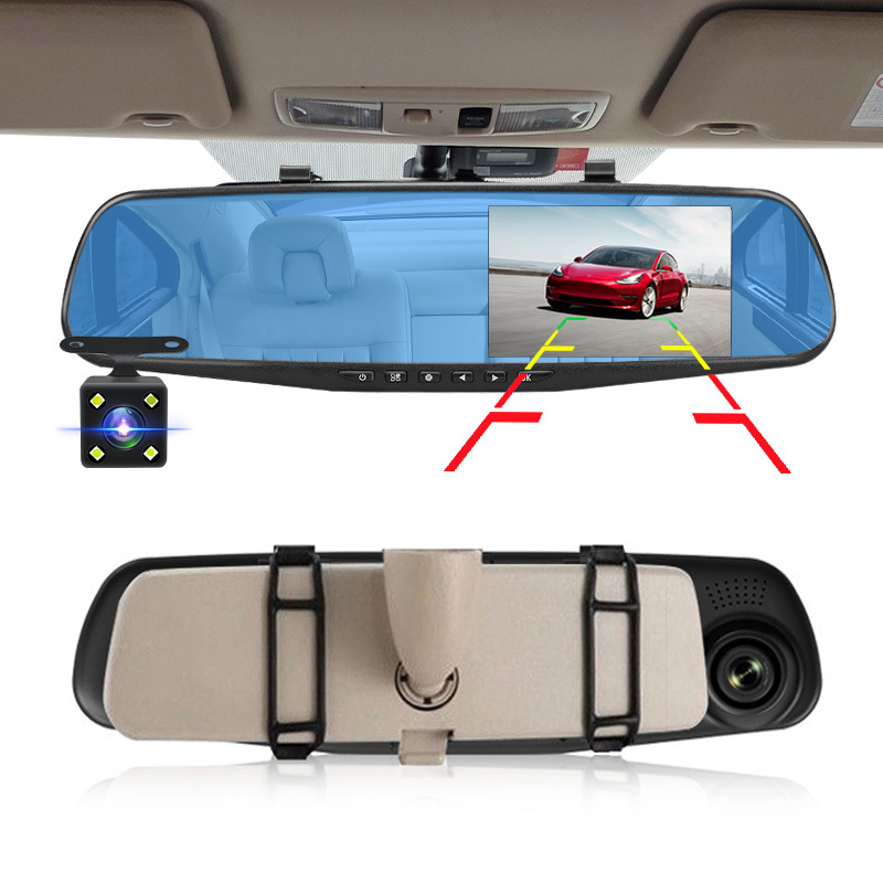Dashcam 4.3 pouces 1080P IPS voiture DVR enregistreur de conduite rétroviseur double lentille enregistreur de voiture avant et arrière boîte noire