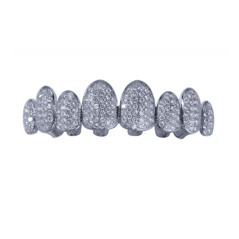 Uwin Zirconia Grills Set Zilver Kleur Tanden Grills Hiphop Halloween Iced Out Top &amp; Bottom Dental Grills Body Sieraden: silver top