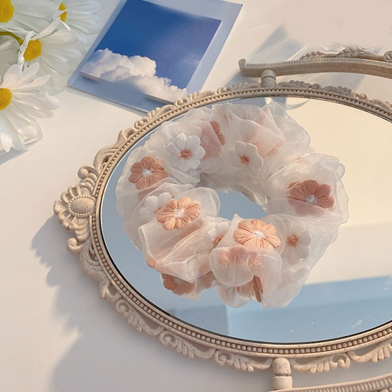 Coleteros de malla Organza con flores bordadas, lazos para el cabello, banda de goma romántica, coleta transparente, accesorios para el cabello