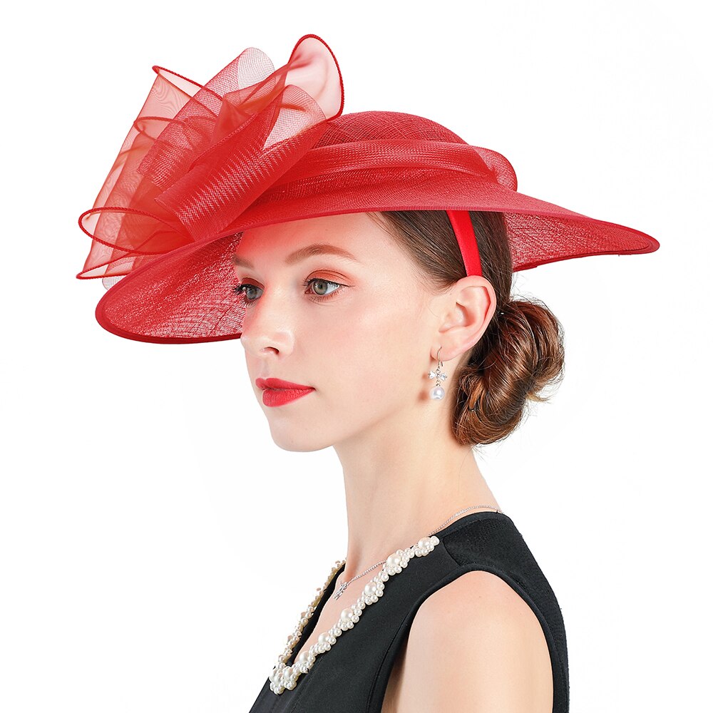 Bredskygget hat kvinder fedoras linned rød bund hatte fascinator sommer kasket blomsterdekoration udendørs dame hatte