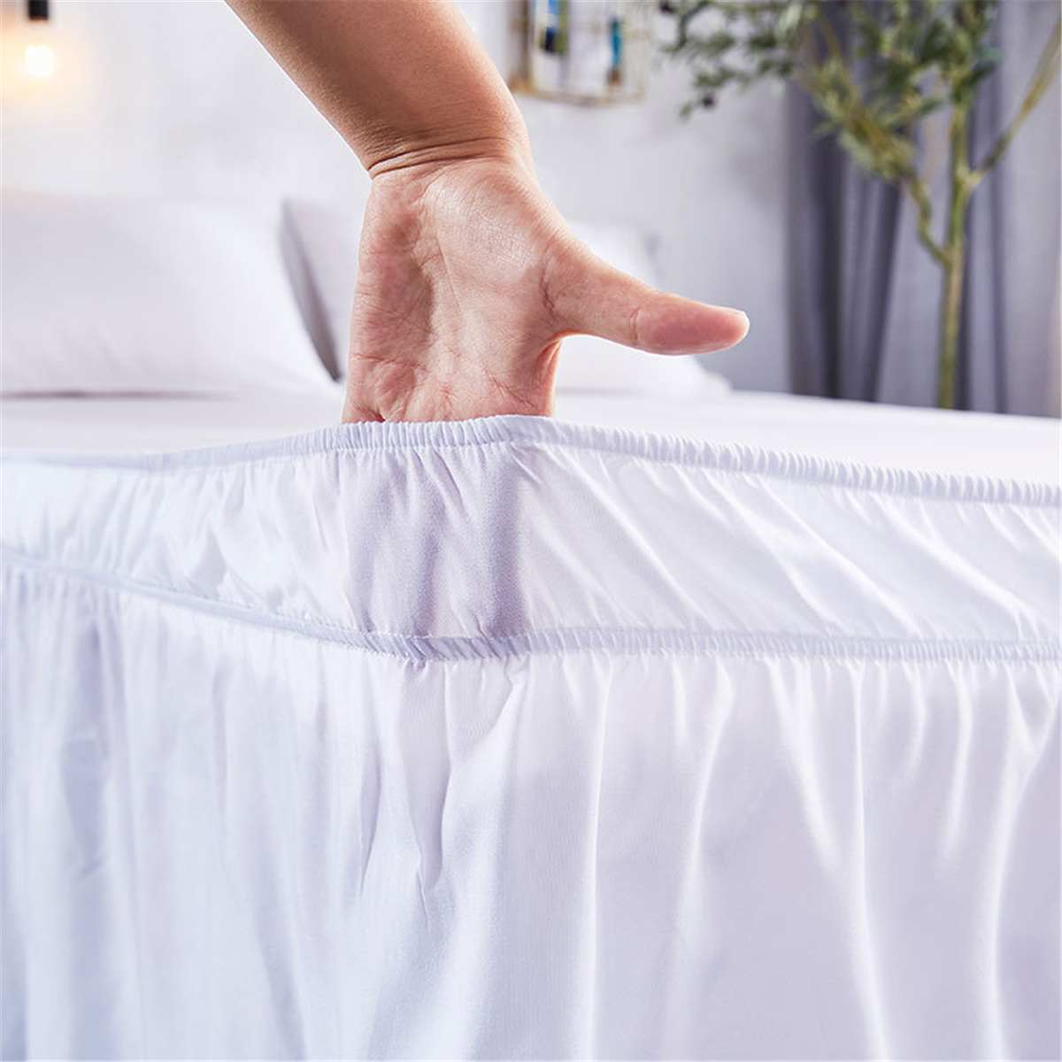 Wrap around hotel queen size seng nederdel hvid seng shirt uden overflade elastik bånd enkelt queen king let på / let off seng nederdel