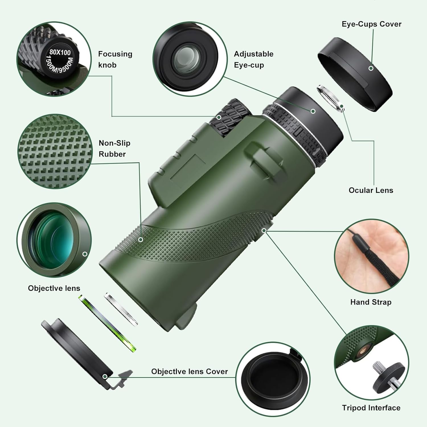 Telescopio monocular, monoculares HD 80x100 para adultos, monocular de alta potencia para teléfono inteligente, monocular impermeable portátil compacto