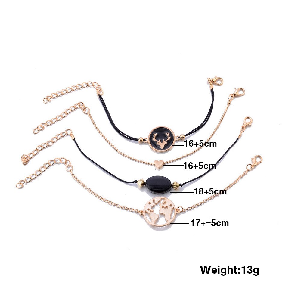 Conjunto de 4 pulseras esmaltadas con cabeza de ciervo para mujer, set de PULSERAS CON ABALORIOS de cabeza de ciervo, cadena de cadena con mapa de piedra negra, de joyería