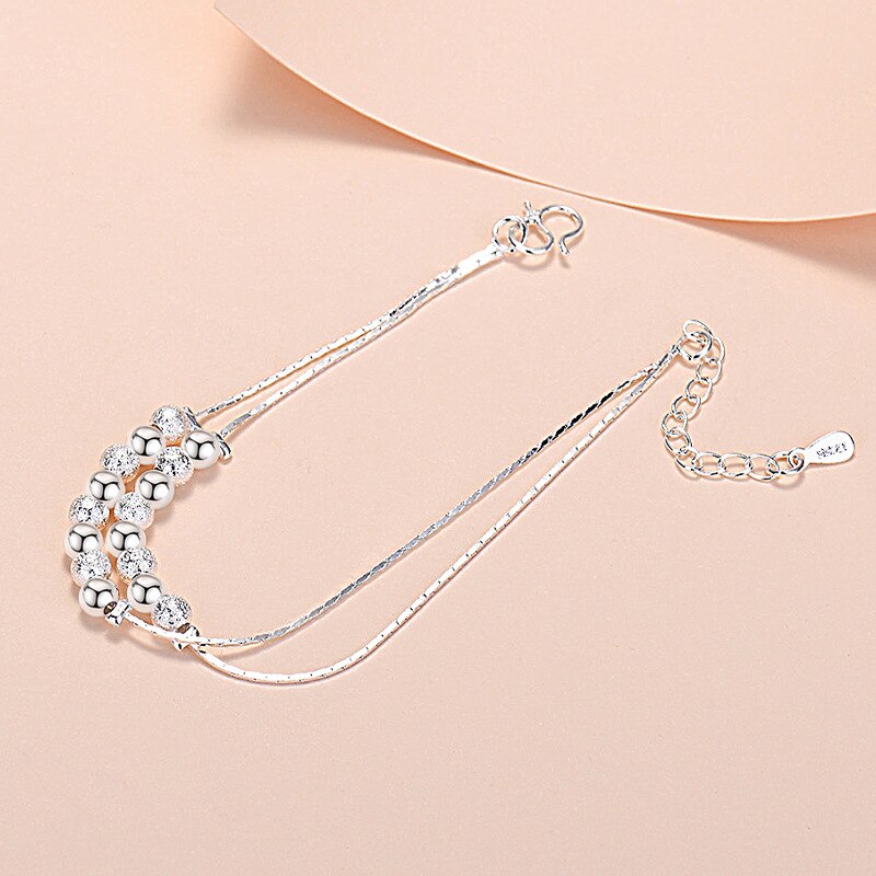 Podwójna warstwa bransoletka z kulką damskie polerowane matowe szczęście koralik proste wszechstronny szterling 925 srebrne akcesoria łańcuch ręczny